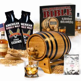 American Single Malt Whiskey Making Kit with oak barrel, premium essence packets, glass of whiskey, barley grains and complete home aging accessories.