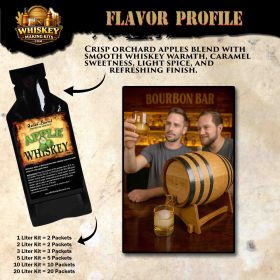 Apple Whiskey flavor profile graphic showing premium essence pouch, small oak aging barrel, glass of whiskey on ice, and text highlighting crisp orchard apples, caramel sweetness, light spice, and smooth finish.