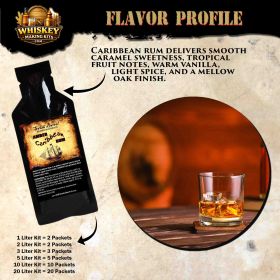 Caribbean rum flavor profile showing amber rum essence packet and glass of aged rum with caramel, vanilla, and spice notes.