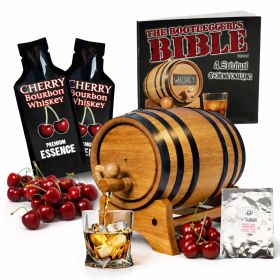 Cherry Bourbon Whiskey Making Kit with oak barrel aging on wooden stand, premium cherry bourbon essence, fresh cherries, glass of whiskey on ice, and complete home infusion accessories.