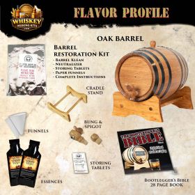 Cherry Bourbon Whiskey Making Kit contents including oak aging barrel, cherry bourbon essence packets, funnels, bung, spigot, cradle stand, restoration kit, and Bootlegger’s Bible guide.