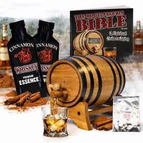 Cinnamon whiskey infusion kit with oak barrel aging system, premium essence pouches, glass of spiced whiskey over ice and cinnamon sticks background.