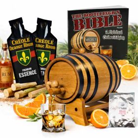 Creole Orange Rum aging barrel kit with oak barrel, rum essence packets, and Bootlegger’s Bible guide.