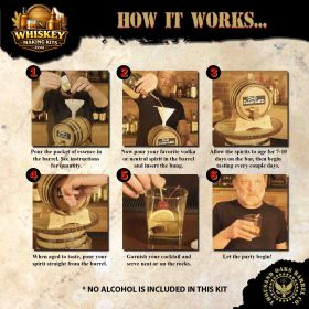 Step-by-step instructions showing how to use a whiskey making kit with oak barrel to age spirits and craft cocktails at home.