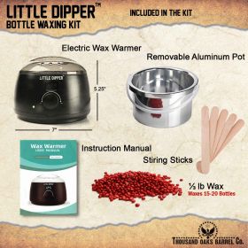 Little Dipper bottle waxing kit includes electric wax warmer, aluminum pot, wax beads, and stirring sticks