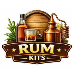 Rum kits logo featuring a wooden aging barrel, copper still, rum bottle, glass with ice, sugarcane, and bold lettering on a white background.