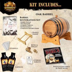 Texas Sweet Corn Whiskey making kit includes American oak aging barrel, essence packets, funnels, bung, spigot, restoration kit, and Bootlegger’s Bible guide.