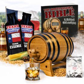 Texas Sweet Corn Whiskey making kit with oak aging barrel, premium essence packets, corn and grain ingredients, glass of whiskey, and complete home infusion system.
