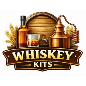 Whiskey Making Kit logo featuring a wooden barrel, copper still, whiskey bottle, glass with ice, and bold gold lettering on a white background.