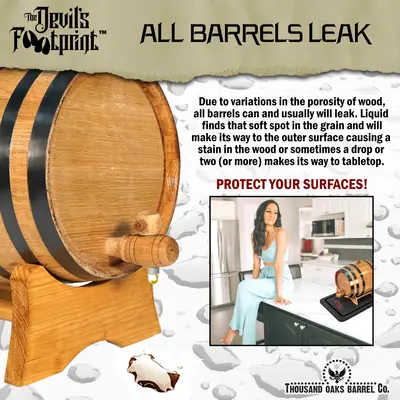 Aging barrel leak protection mat placed under oak whiskey barrel to prevent alcohol stains on countertops.