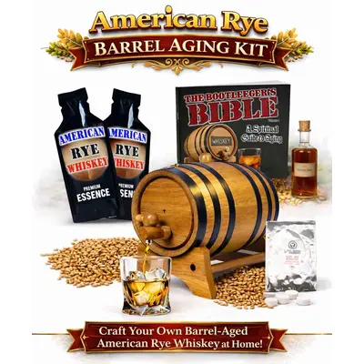 American Rye Whiskey Making Kit with oak aging barrel, rye grain, premium essence packets and whiskey glass