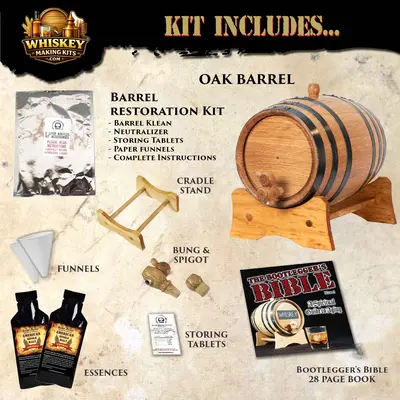 American Single Malt Whiskey Making Kit contents including oak aging barrel, essence packets, funnel, bung, spigot, storage tablets and Bootlegger’s Bible guide.