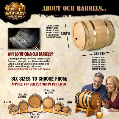 American white oak charred whiskey aging barrels in multiple sizes from 1 to 20 liters for home spirit aging.