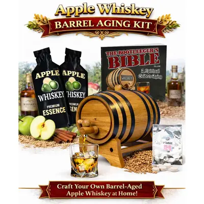 Apple Whiskey Making Kit with oak aging barrel, premium apple whiskey essence, Bootlegger’s Bible guide, fresh apples, cinnamon sticks, and whiskey glass for home infusion and aging.