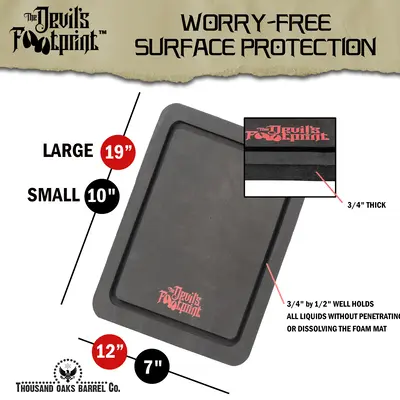 Barrel mat dimensions showing large 19 inch and small 10 inch waterproof spill tray sizes.