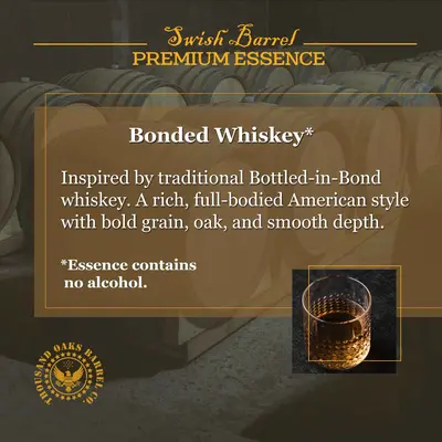 Bonded Whiskey Essence alcohol-free concentrate inspired by traditional Bottled-in-Bond American whiskey aged in oak barrels.