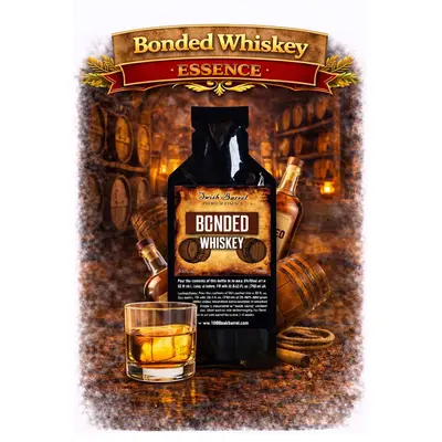 Bonded Whiskey Essence 20ml premium bottled-in-bond style whiskey flavor concentrate with glass of homemade American whiskey.