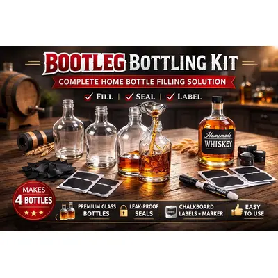 Bootleg Bottling Kit complete home bottle filling solution featuring glass bottles, funnel pouring whiskey, chalkboard labels, marker, leak-proof caps, and finished homemade whiskey bottle on rustic wood background.