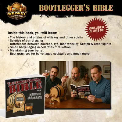 The Bootlegger’s Bible whiskey aging guide book included in home whiskey making kit, featuring small oak barrel aging instructions, barrel maintenance tips, bourbon and Irish whiskey education, and barrel-aged cocktail techniques.