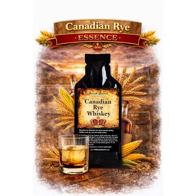 Canadian Rye Whiskey Essence 20ml bottle with glass of smooth rye whiskey, wheat, corn, and oak barrel background.