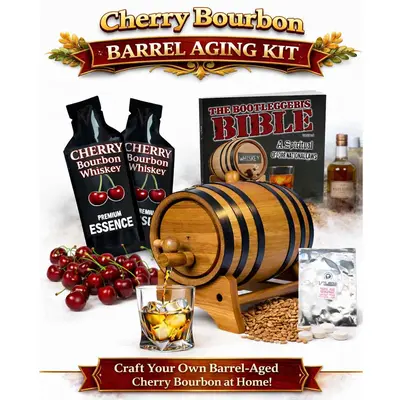 Cherry Bourbon Whiskey Making Kit with oak barrel aging on wooden stand, premium cherry bourbon essence, fresh cherries, glass of whiskey on ice, and complete home infusion accessories.