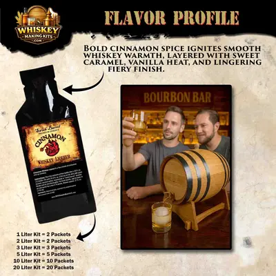 Cinnamon whiskey flavor profile showing premium essence bottle and tasting notes of bold cinnamon spice, caramel sweetness, vanilla warmth and smooth finish.