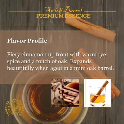 Cinnamon Whiskey flavor profile showing fiery cinnamon spice, warm rye character and touch of oak enhanced by mini barrel aging.