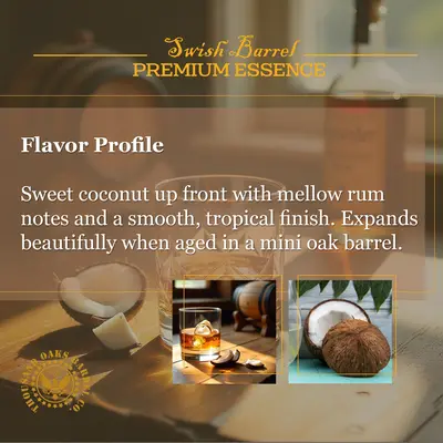 Coconut Rum flavor profile showing sweet coconut, mellow rum notes and smooth tropical finish enhanced by mini oak barrel aging.