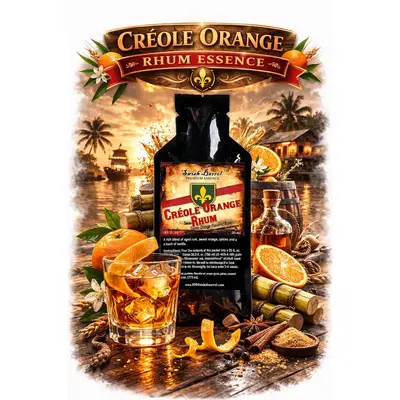 Creole Orange Rhum Essence 20ml premium Caribbean orange rum flavor concentrate with orange slices and cocktail glass.