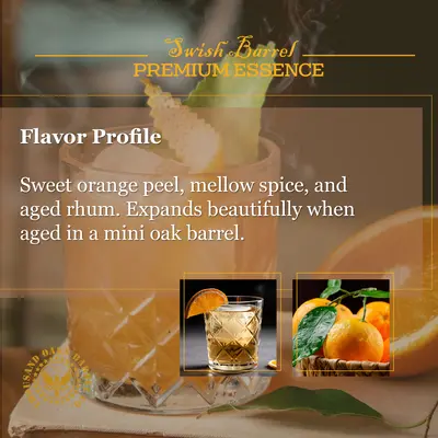 Creole Orange Rhum flavor profile showing sweet orange peel, mellow spice and aged rum notes enhanced by mini oak barrel aging.