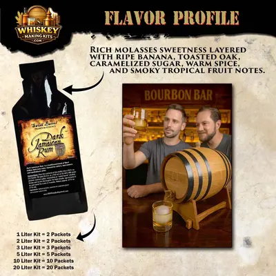 Dark Jamaican rum flavor profile showing molasses, ripe banana, toasted oak, caramelized sugar, and warm spice notes.