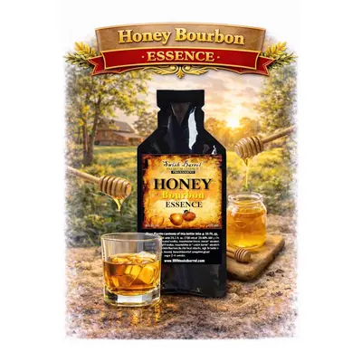 Honey Bourbon Essence 20ml premium flavor concentrate pouch with glass of bourbon, honey dipper, and jar of golden honey.