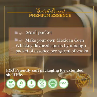 Instructions for mixing Mexican Corn Whiskey Essence with 750ml vodka to create homemade corn whiskey inspired by Oaxaca distilleries.