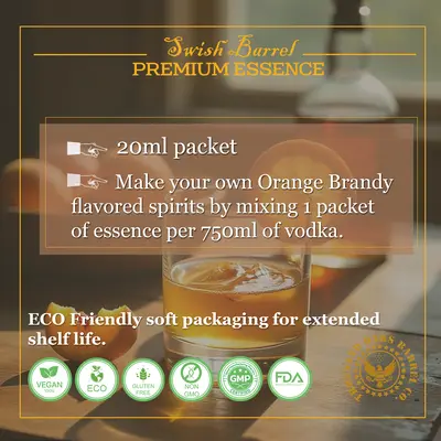 Instructions for mixing Orange Brandy Essence with 750ml vodka to create homemade citrus brandy liqueur.