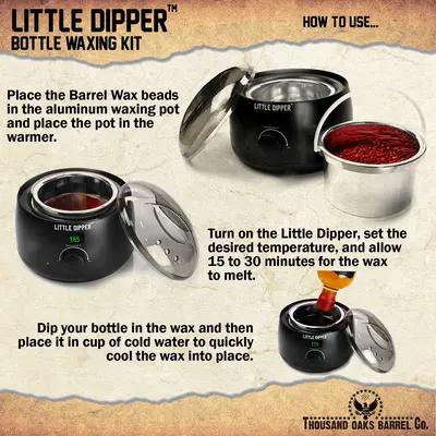 Step by step guide showing how to use Little Dipper bottle waxing kit by melting wax, dipping bottle, and cooling