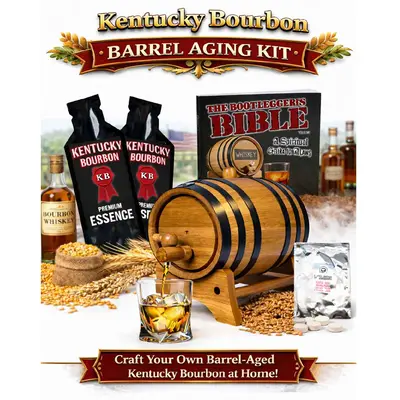 Kentucky Bourbon Whiskey Making Kit with charred American oak aging barrel, bourbon essence packets, and glass of bourbon on the rocks