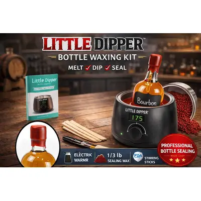 Little Dipper Bottle Waxing Kit displayed on a rustic wooden table with electric wax warmer set to 175°F, melted red sealing wax, bourbon bottle being dipped and sealed, wax beads, stirring sticks, marker, and packaging box for professional home bottle sealing.