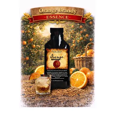 Orange Brandy Essence 20ml premium citrus brandy flavor concentrate with fresh orange slices and cocktail glass in an orange orchard.