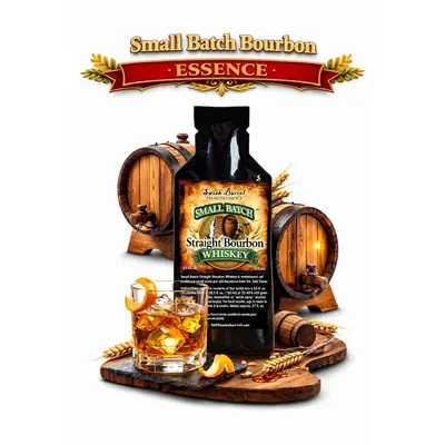 Small Batch Bourbon Essence 20ml premium straight bourbon whiskey flavor concentrate with mini oak barrels and glass of bourbon on the rocks.