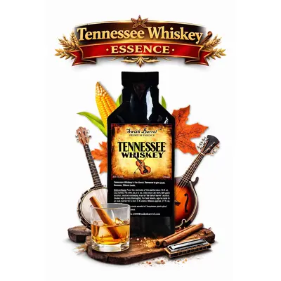 Tennessee Whiskey Essence 20ml premium charcoal mellowed corn whiskey flavor concentrate with glass of whiskey and autumn leaves.