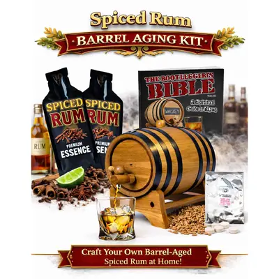 Spiced rum flavor profile showing oak barrel aging kit with cinnamon, clove, vanilla, nutmeg, caramel notes and premium rum essence bottle.