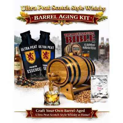 Ultra Peat Whisky home aging kit with oak barrel, peated whiskey essence, smoky Scotch style setup and glass