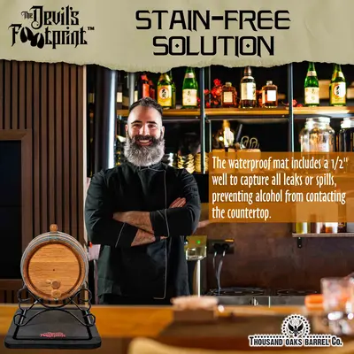 Waterproof barrel mat with deep spill well preventing alcohol stains on bar countertop.