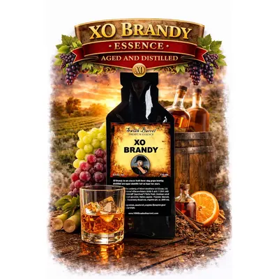 Brandy Essence 20ml bottle with glass of rich amber grape brandy, fresh grapes, oak barrel and spices.