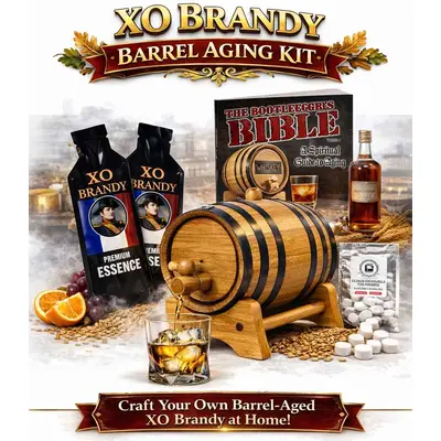 XO brandy barrel aging kit with American oak barrel, premium brandy essence packets, glass of brandy on ice and complete home aging system