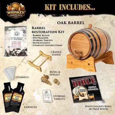 Indian Molasses Whisky barrel aging kit contents including oak barrel, whisky essence packets, funnels, restoration kit, and aging accessories.