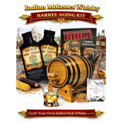 Indian Molasses Whisky Making Kit with oak barrel aging kit, whisky essence packets, and home whisky aging setup.