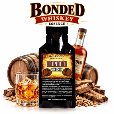 Bonded Whiskey Essence pouch by Swish Barrel with oak barrels, charred wood and wheat, alongside a crystal glass of amber whiskey over ice.