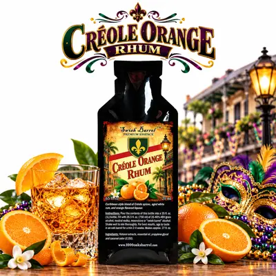 Créole Orange Rhum Essence pouch by Swish Barrel with fresh oranges, a crystal glass of amber rhum over ice, and colorful Mardi Gras masks and beads inspired by New Orleans.
