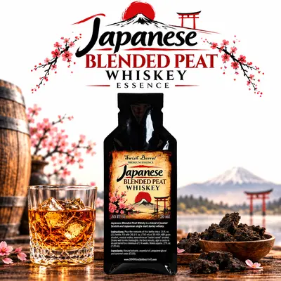 Japanese Blended Peat Whiskey Essence packet with a glass of amber whiskey, peat, cherry blossoms, Mount Fuji and Japanese torii gate accents.